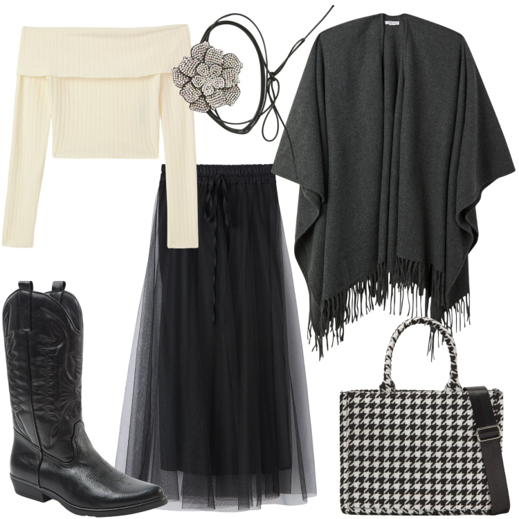 Outfit donna - Saldi: new year, new style. Stile Rock per Tutti i giorni. Abbinamento con collane, gonne lunghe, shopping bag, cappe, maglieria, stivali.