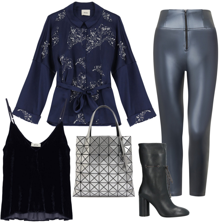 Outfit donna - Blu argent. Stile Chic per Serata fuori. Abbinamento con stivaletti, pantaloni skinny, blazer, canottiere, shopping bag.