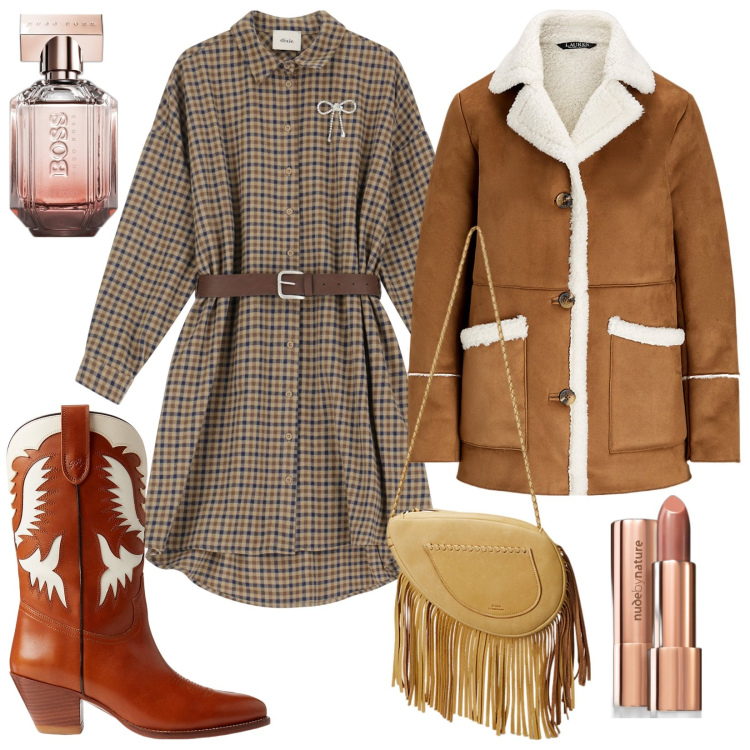 Outfit donna - Un po\' western. Stile Trendy per Tutti i giorni. Abbinamento con rossetti, profumi, cappotti, stivaletti texani, borse a tracolla, vestiti.
