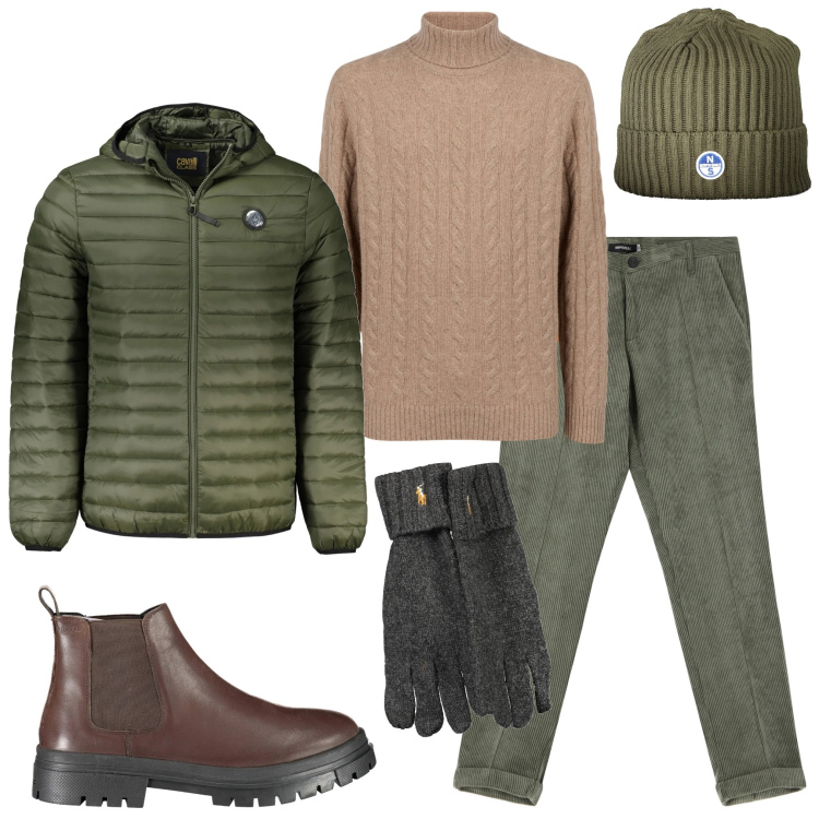 Outfit uomo - La prima neve in città. Stile Urban per Tutti i giorni. Abbinamento con pantaloni, maglieria, giacche, stivali, berretti, guanti.