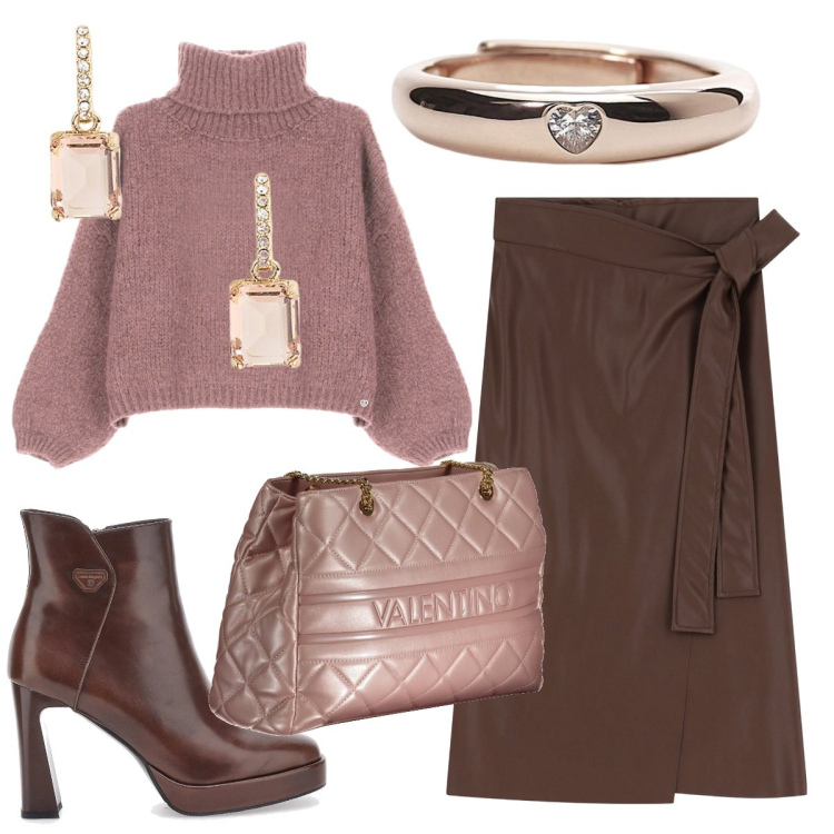 Outfit donna - Tra il rosa e il marrone. Stile Chic per Serata fuori. Abbinamento con anelli, maglieria, gonne, orecchini, borse a spalla, stivaletti.
