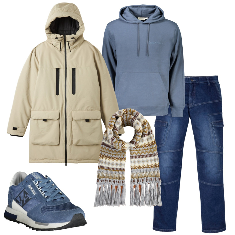 Outfit uomo - Con il cappuccio. Stile Urban per Tutti i giorni. Abbinamento con jeans dritti, parka, sciarpe, sneakers, felpe con cappuccio.