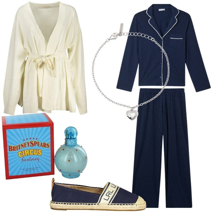 Outfit donna - Homewear comodo. Stile Casual per Tutti i giorni. Abbinamento con profumi, braccialetti con ciondoli, pigiama, cardigans, ballerine.