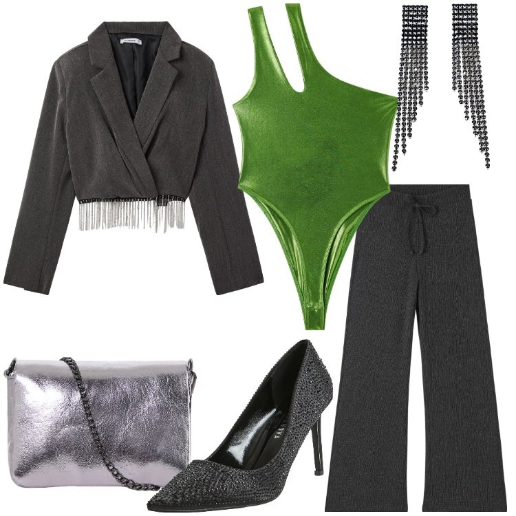 Outfit donna - Seducente con il body monospalla. Stile Sexy per Serata fuori. Abbinamento con pantaloni, body, blazer, décolleté, orecchini, pochette.