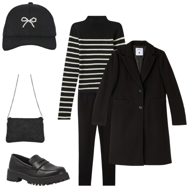 Outfit donna - Il cappotto. Stile Casual per Tutti i giorni. Abbinamento con pantaloni chino, cappelli con visiera, cappotti, maglieria, mocassini, borse a tracolla.