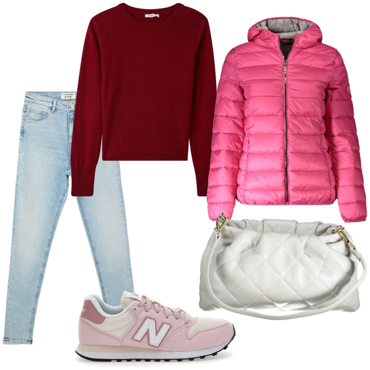 Outfit donna - Un tocco di rosso. Stile Casual per Tutti i giorni. Abbinamento con jeans skinny, maglieria, blazer, sneakers, borse a spalla.