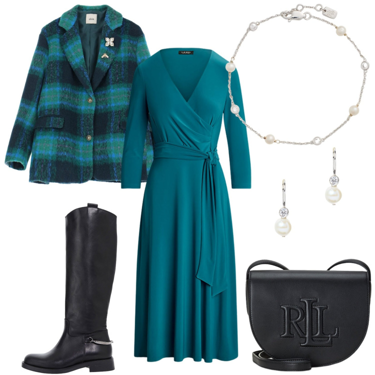 Outfit donna - Wrap dress focus curvy. Stile Casual chic per Ufficio. Abbinamento con stivali, blazer, vestiti, borse a tracolla, orecchini, braccialetti.