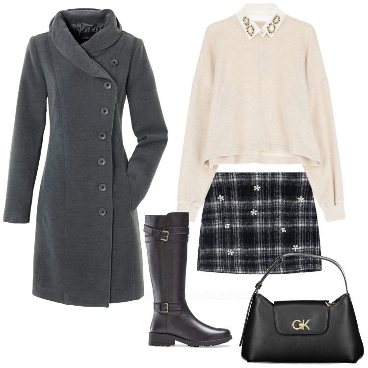 Outfit donna - Di sabato in un locale.. Stile Casual chic per Serata fuori. Abbinamento con cappotti, stivali, pullovers, minigonne, borse a spalla.