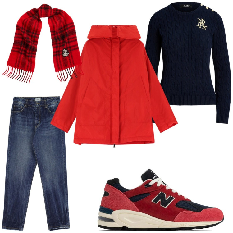 Outfit donna - Friends. Stile Casual chic per Tutti i giorni. Abbinamento con sneakers, parka, jeans, maglieria, sciarpe.