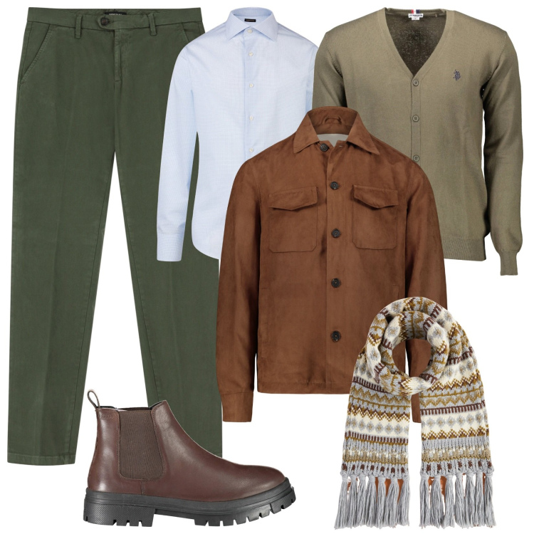 Outfit uomo - Gennaio con stile. Stile Urban per Tutti i giorni. Abbinamento con pantaloni chino, giacche, sciarpe, camicie, cardigans, stivali.