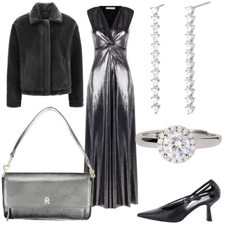 Outfit donna - Chic by night. Stile Chic per Serata fuori. Abbinamento con anelli, orecchini, vestiti lunghi, cappotti, décolleté, borse a spalla.
