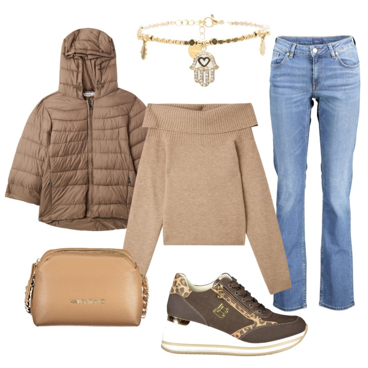 Outfit donna - City. Stile Casual per Tutti i giorni. Abbinamento con maglieria, blazer, braccialetti, jeans, borse a tracolla, sneakers.