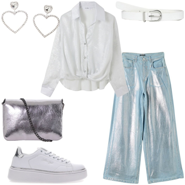 Outfit donna - Denim e argento. Stile Casual chic per Serata fuori. Abbinamento con jeans, camicie, cinture, orecchini, pochette, sneakers.