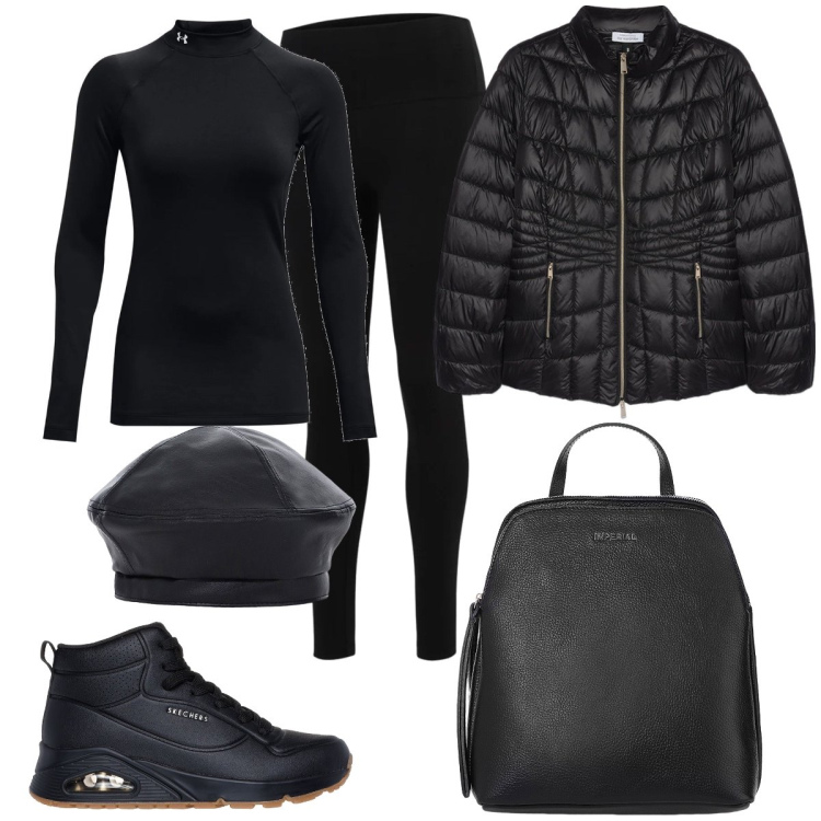 Outfit donna - Total black. Stile Casual per Tutti i giorni. Abbinamento con leggings, zaini, cappelli e berretti, pullovers, sneakers, piumini.