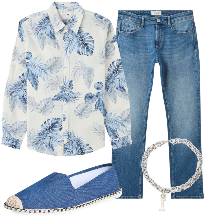 Outfit uomo - Total look #2031630. Stile Casual per Tutti i giorni. Abbinamento con camicie, espadrillas, jeans, braccialetti.