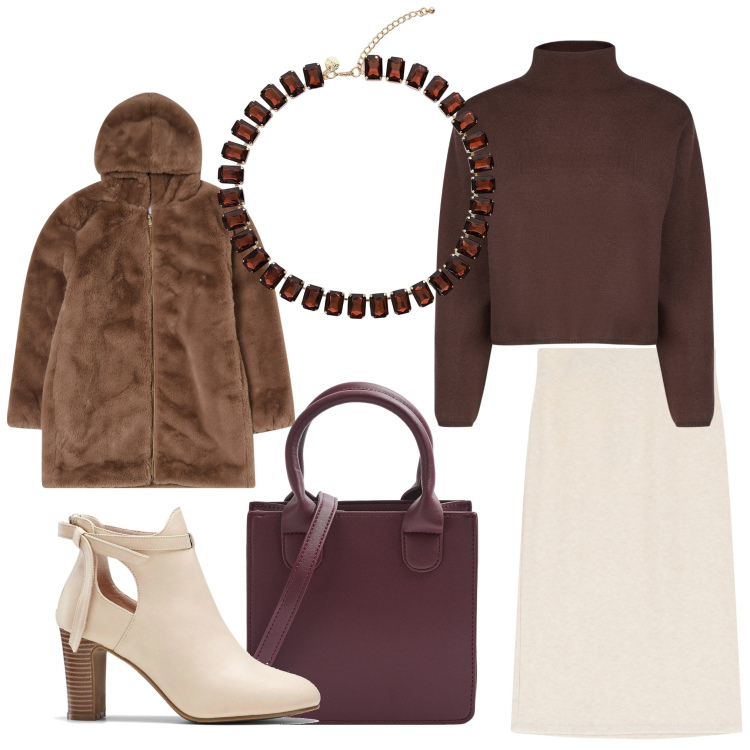 Outfit donna - Marrone e bianco. Stile Casual chic per Ufficio. Abbinamento con stivaletti, ecopellicce, shopping bag, gonne longuette, collane, cardigans.
