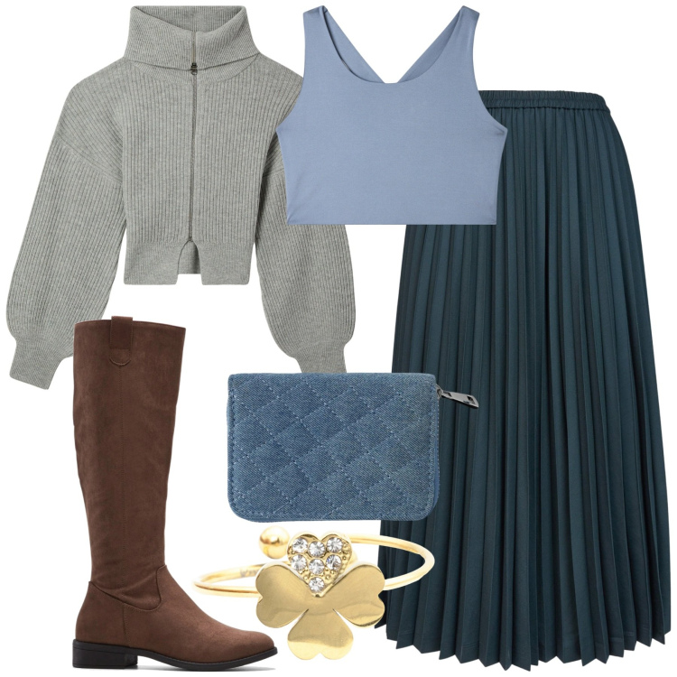 Outfit donna - Gonna a pieghe piatte e maniche a sbuffo. Stile Etnico per Tutti i giorni. Abbinamento con stivali, portafogli, cardigans, canottiere, anelli, minigonne.