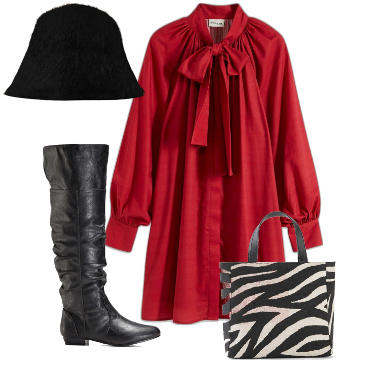 Outfit donna - Abito corto con fiocco. Stile Vintage retrò per Serata fuori. Abbinamento con borse a mano, stivali sopra il ginocchio, vestiti, cappelli.