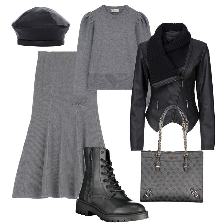 Outfit donna - Il completo in maglia H24. Stile Trendy per Tutti i giorni. Abbinamento con blazer, gonne lunghe, pullovers, cappelli e berretti, stivali, borse a spalla.