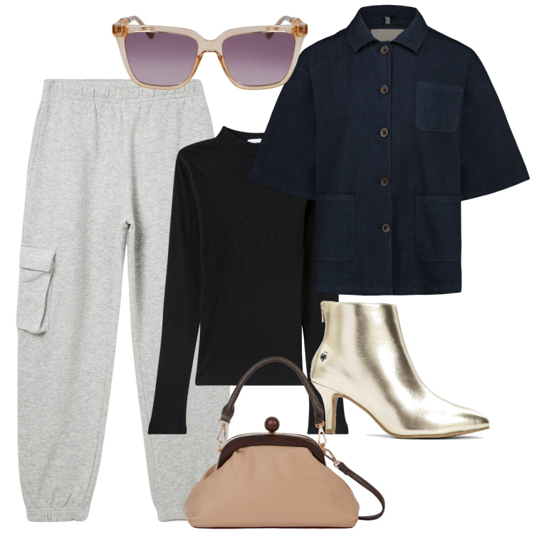 Outfit donna - Sporty chic in citta. Stile Sporty chic per Serata fuori. Abbinamento con stivaletti, pantaloni cargo, t-shirt, blazer, occhiali da sole, clutch.