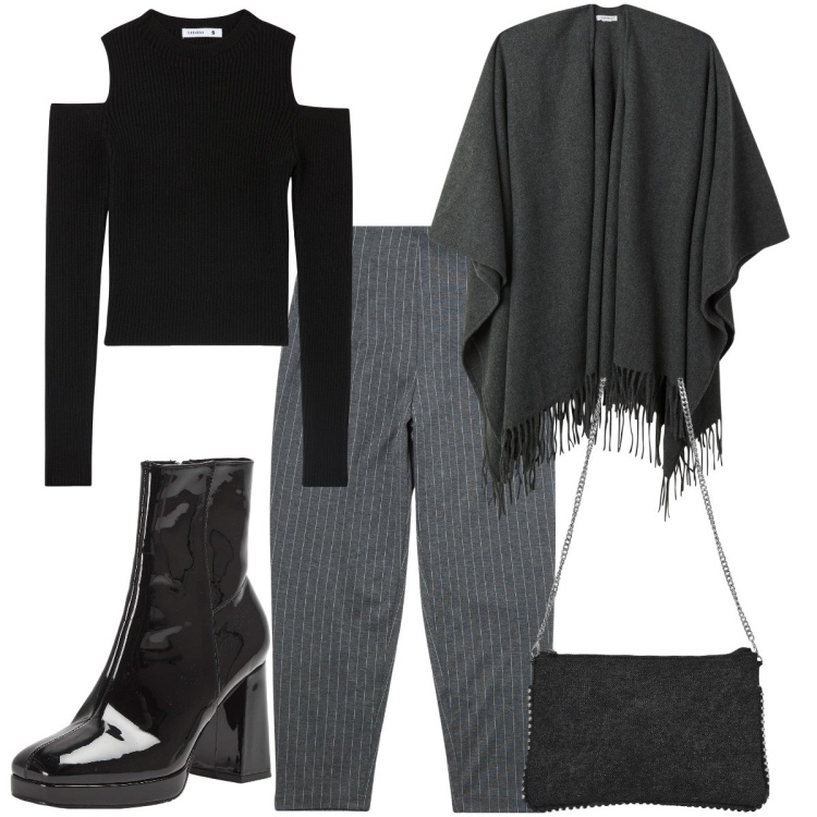 Outfit donna - Total look #2031661. Stile Glamour per Tutti i giorni. Abbinamento con maglieria, cappe, pantaloni chino, borse a tracolla, stivaletti.