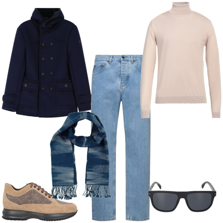 Outfit uomo - Weekend di relax. Stile Casual per Tutti i giorni. Abbinamento con giacche, sciarpe, sneakers, maglieria, occhiali da sole, pantaloni.