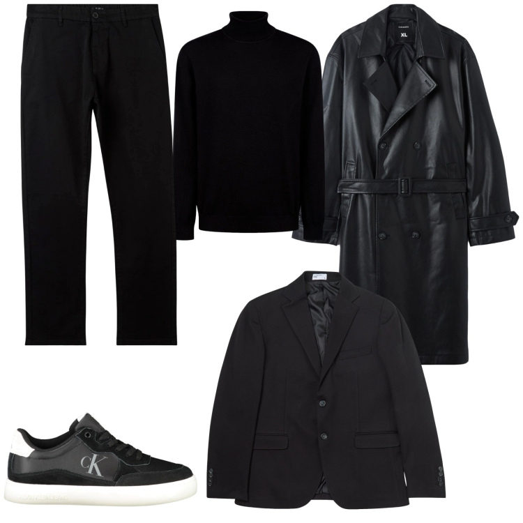 Outfit uomo - Layering maschile. Stile Trendy per Serata speciale. Abbinamento con giacche, trench, pantaloni chino, maglieria, sneakers.