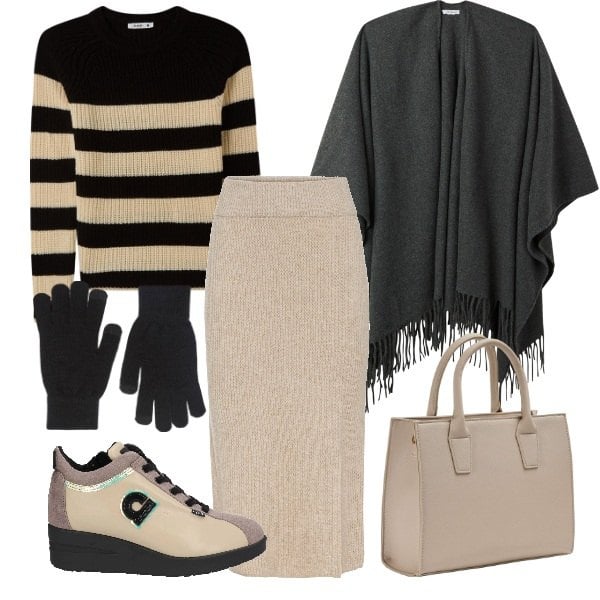 Outfit donna - Calda e comoda in ufficio. Stile Casual chic per Ufficio. Abbinamento con gonne, sneakers, maglieria, shopping bag, cappe, guanti.