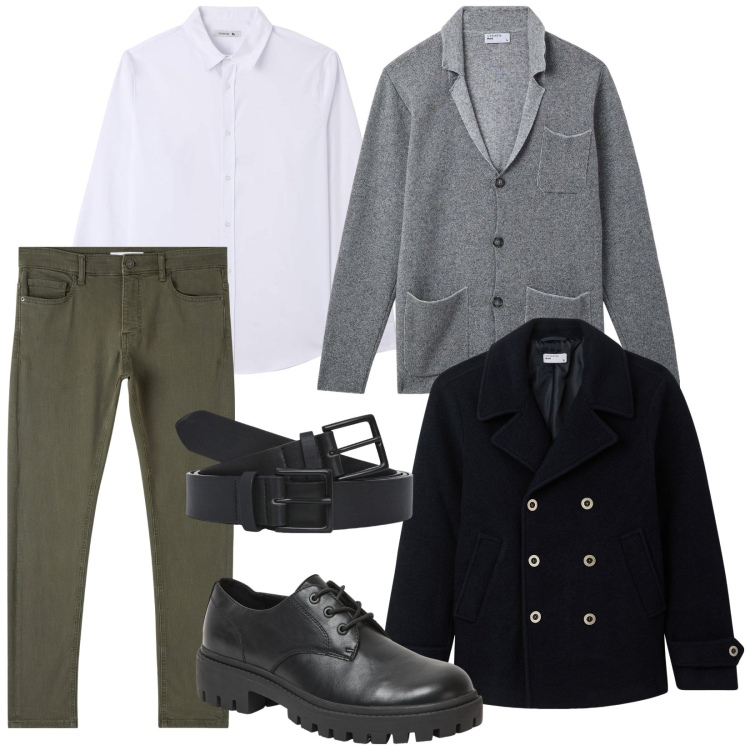 Outfit uomo - Total look #2031670. Stile Urban per Tutti i giorni. Abbinamento con cappotti, giacche, scarpe stringate, pantaloni skinny, camicie, cinture.