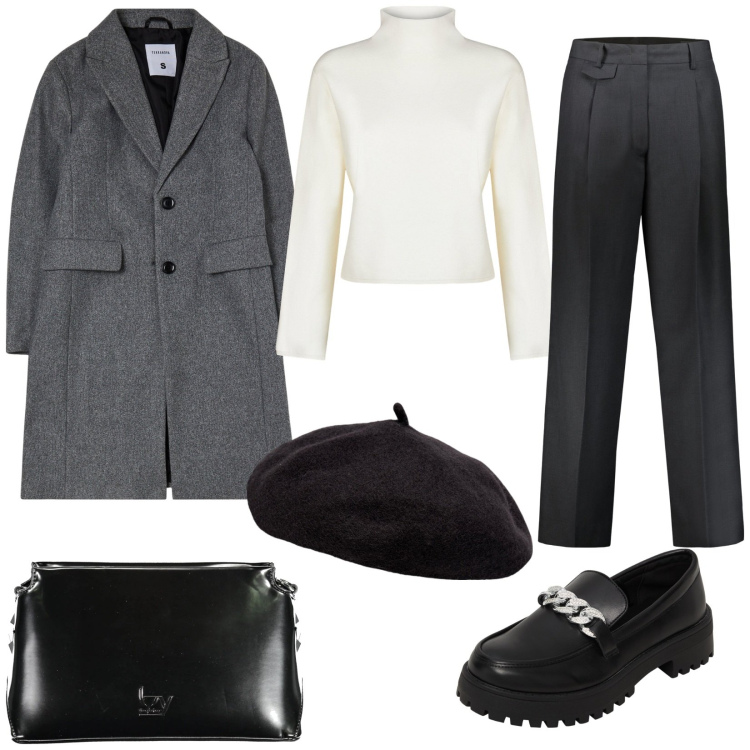 Outfit donna - New year new layers. Stile Minimal per Ufficio. Abbinamento con mocassini, cappotti, cappelli e berretti, pantaloni, borse a tracolla, cardigans.