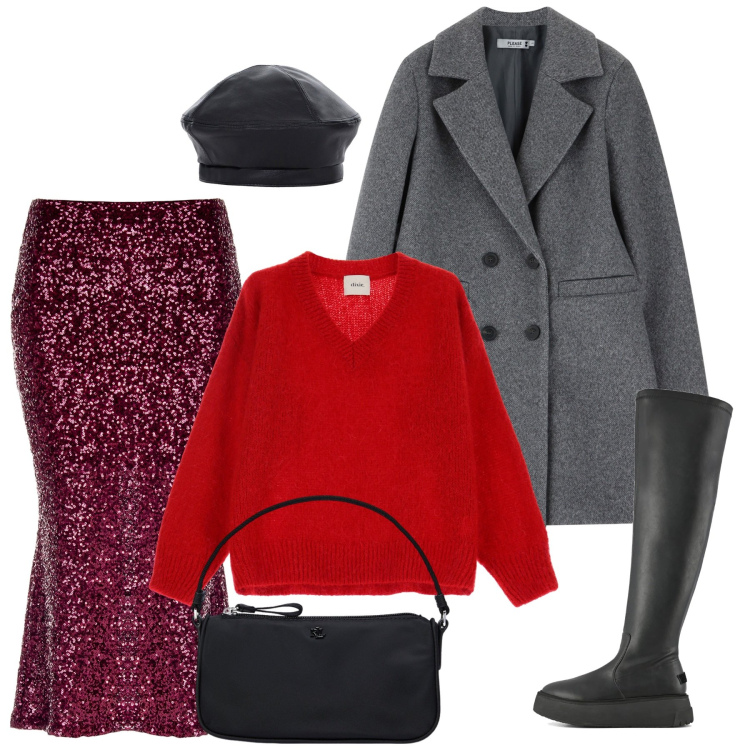 Outfit donna - Red passion. Stile Urban per Serata fuori. Abbinamento con gonne longuette, cappotti, pullovers, cappelli e berretti, pochette, stivali sopra il ginocchio.