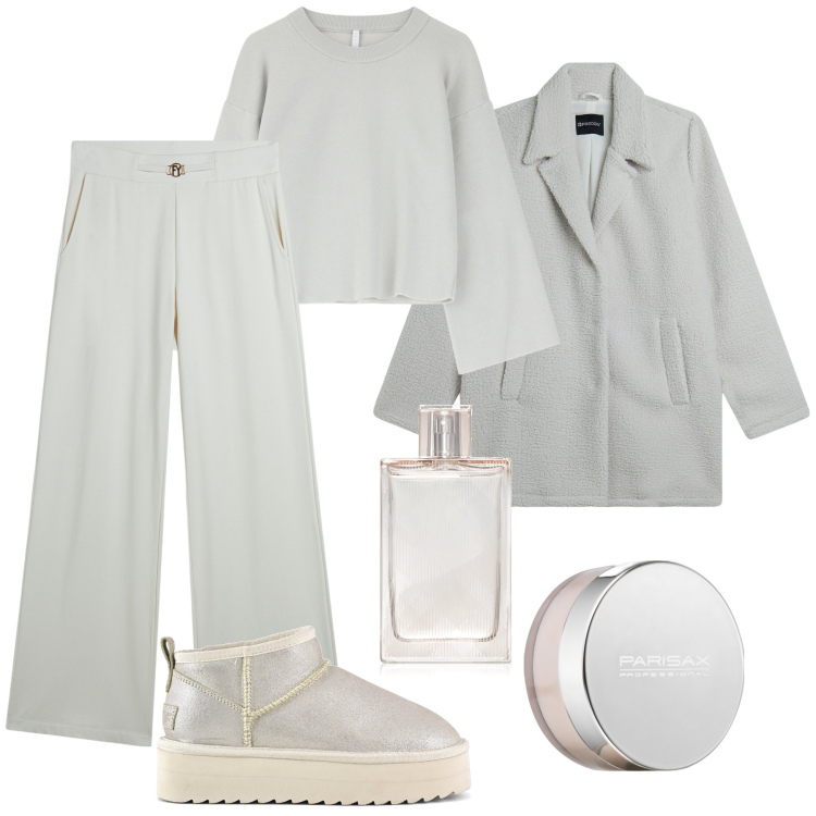 Outfit donna - Basica grigio perla. Stile Basic per Tutti i giorni. Abbinamento con profumi, ciprie, maglieria, pantaloni, cappotti, stivaletti.