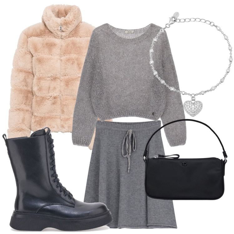 Outfit donna - Grigio e rosa. Stile Romantica per Tutti i giorni. Abbinamento con ecopellicce, braccialetti, minigonne, maglieria, pochette, anfibi.