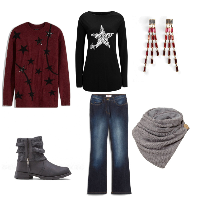 Outfit donna - Comoda e protetta dal freddo. Stile Casual per Scuola/Università. Abbinamento con jeans bootcut, stivaletti, foulard, orecchini, maglieria, maglieria.