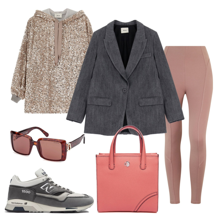 Outfit donna - Luccicante sporty. Stile Sporty chic per Tutti i giorni. Abbinamento con sneakers, pantaloni skinny, felpe con cappuccio, blazer, shopping bag, occhiali da sole.