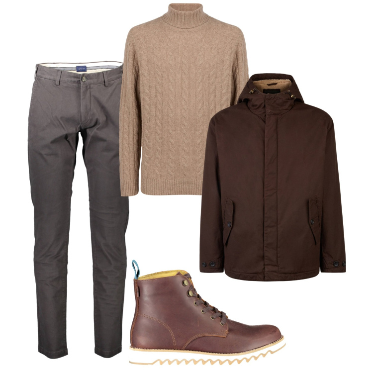 Outfit uomo - Casual brown. Stile Casual per Tutti i giorni. Abbinamento con giacche, maglieria, stivali, pantaloni.