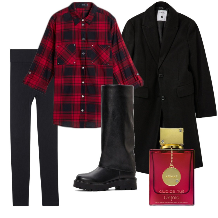 Outfit donna - City. Stile Casual per Tutti i giorni. Abbinamento con camicie, stivali, profumi, leggings, cappotti.