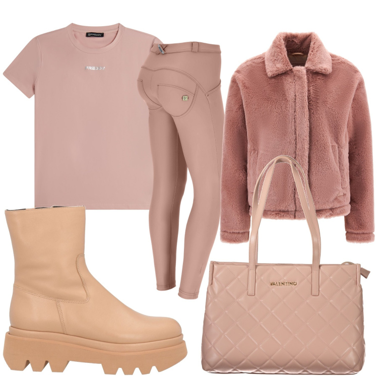 Outfit donna - Total look #2031771. Stile Glamour per Scuola/Università. Abbinamento con stivaletti, pantaloni skinny, cappotti, t-shirt, borse a spalla.