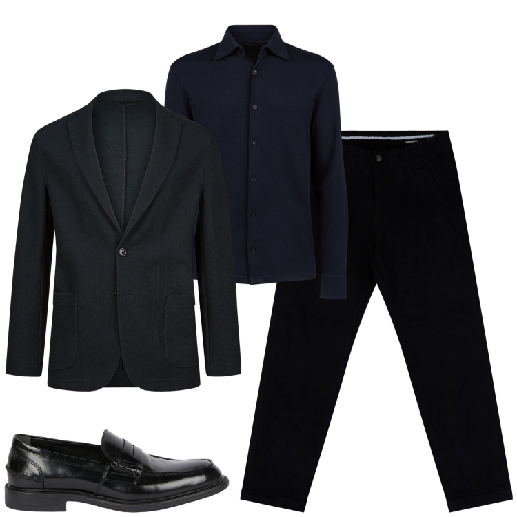 Outfit uomo - Total black. Stile Trendy per Tutti i giorni. Abbinamento con pantaloni chino, polo, giacche, scarpe stringate.