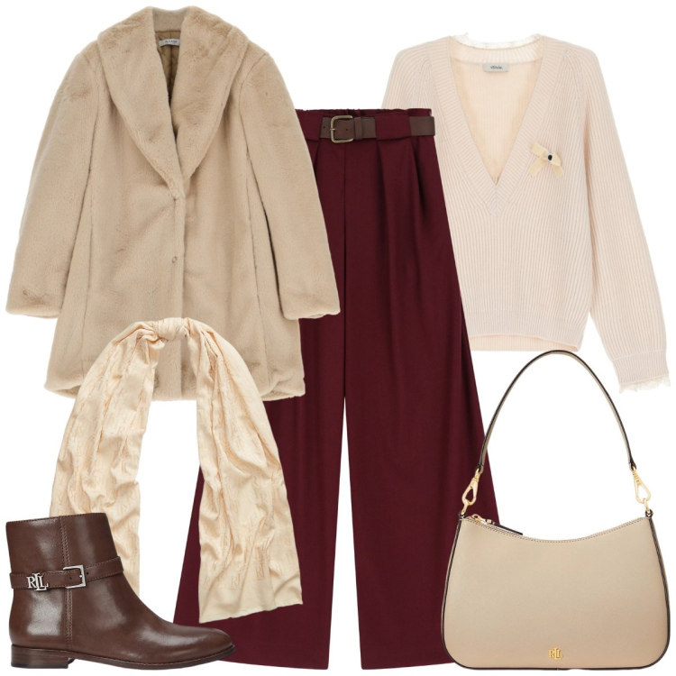 Outfit donna - New year, new layers. Stile Casual chic per Ufficio. Abbinamento con cappotti, borse a spalla, stivaletti, sciarpe, pantaloni a palazzo, maglieria.