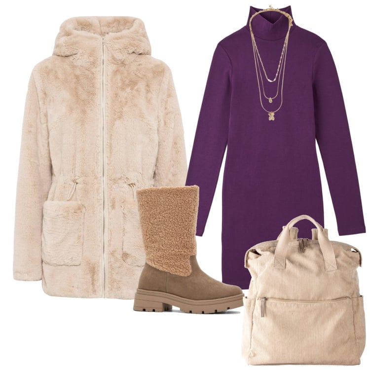 Outfit donna - Ecopelliccia grintosa. Stile Casual per Tutti i giorni. Abbinamento con ecopellicce, zaini, stivali, vestiti midi/longuette, ciondoli.