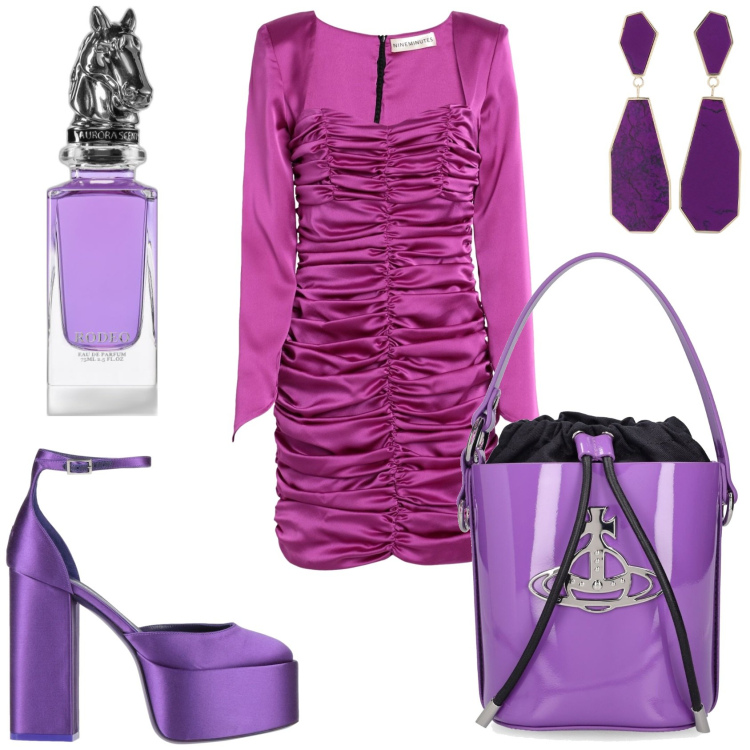 Outfit donna - Viola elegante. Stile Trendy per Serata fuori. Abbinamento con décolleté, vestiti corti, profumi, orecchini, borse a mano.
