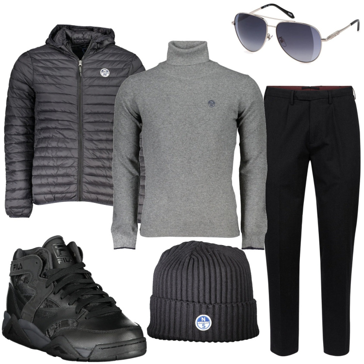 Outfit uomo - Grigio freddo. Stile Urban per Tutti i giorni. Abbinamento con pantaloni, maglieria, occhiali da sole, sneakers, berretti, giacche.