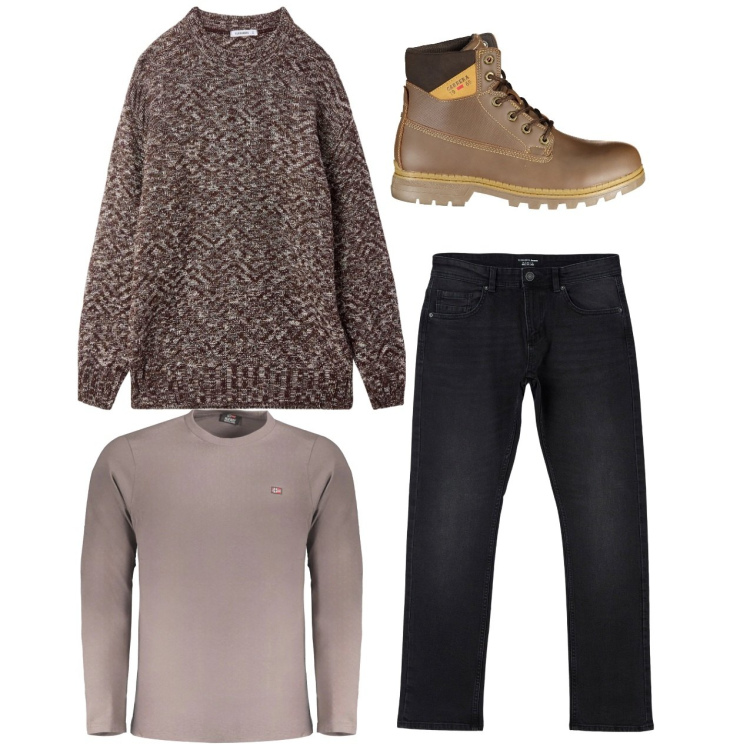 Outfit uomo - Il pull-over. Stile Trendy per Tutti i giorni. Abbinamento con maglieria, jeans dritti, stivali, t-shirt.
