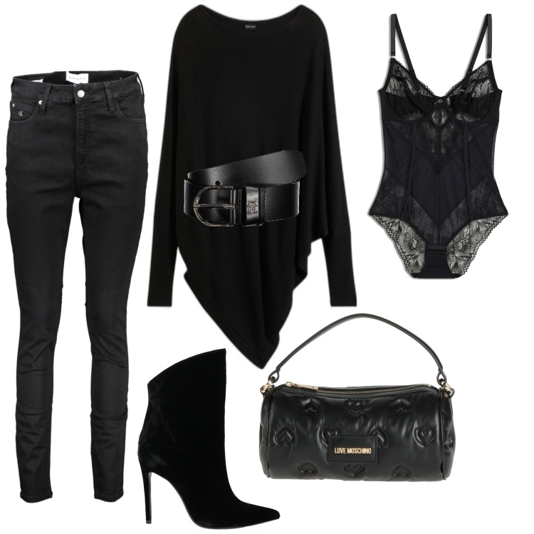 Outfit donna - Total look #2031822. Stile Rock per Serata fuori. Abbinamento con maglieria, body, stivaletti, borse a mano, cinture, jeans.