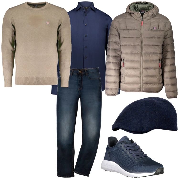 Outfit uomo - Total look #2031828. Stile Casual per Tutti i giorni. Abbinamento con jeans dritti, camicie, maglieria, sneakers, giacche, cappelli con visiera.