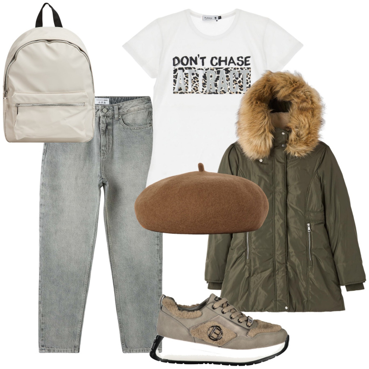 Outfit donna - Total look. Stile Casual chic per Tutti i giorni. Abbinamento con parka, zaini, jeans mom, t-shirt, cappelli e berretti, sneakers.