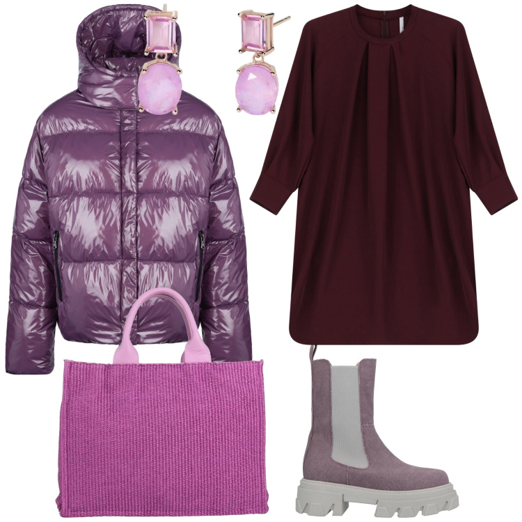 Outfit donna - In giro per saldi. Stile Trendy per Tutti i giorni. Abbinamento con borse a mano, stivaletti, orecchini, vestiti corti, blazer.