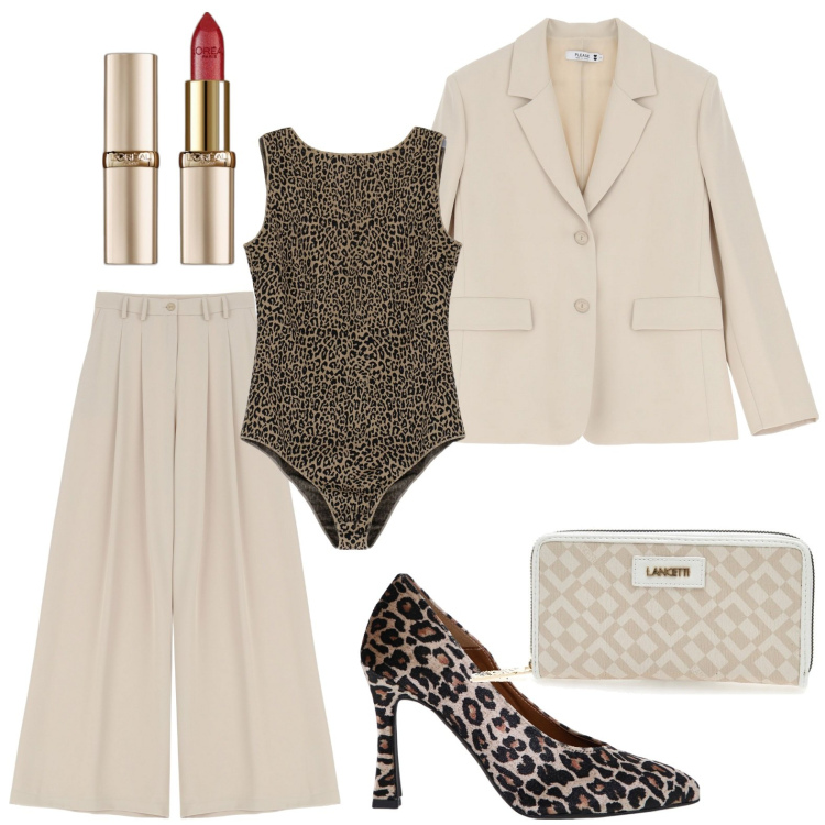 Outfit donna - Un nuovo anno, un nuovo stile. Stile Bon Ton per Serata fuori. Abbinamento con rossetti, blazer, pantaloni, body, décolleté, portafogli.
