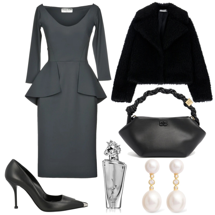 Outfit donna - Serata chic. Stile Chic per Serata fuori. Abbinamento con décolleté, vestiti midi/longuette, profumi, blazer, borse a mano, orecchini.